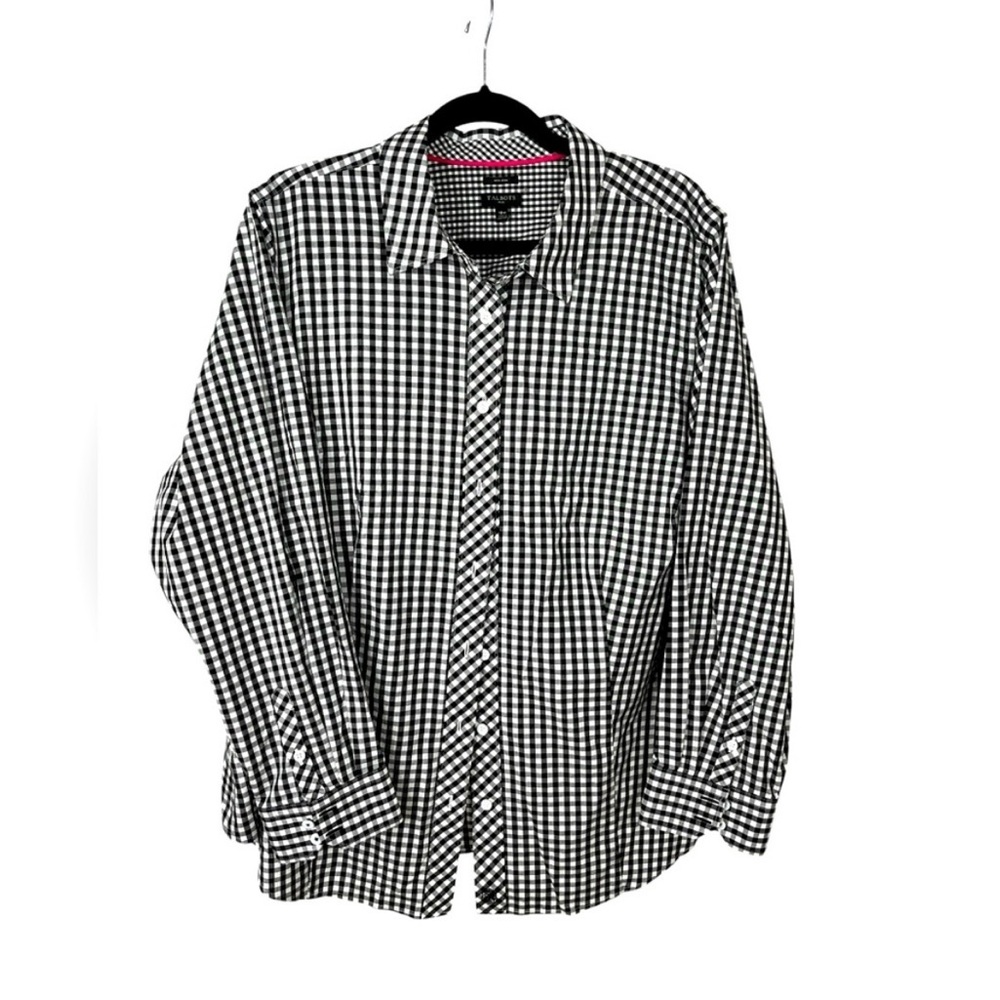Talbots Non Iron Black Gingham Button front Top preppy office business 18W